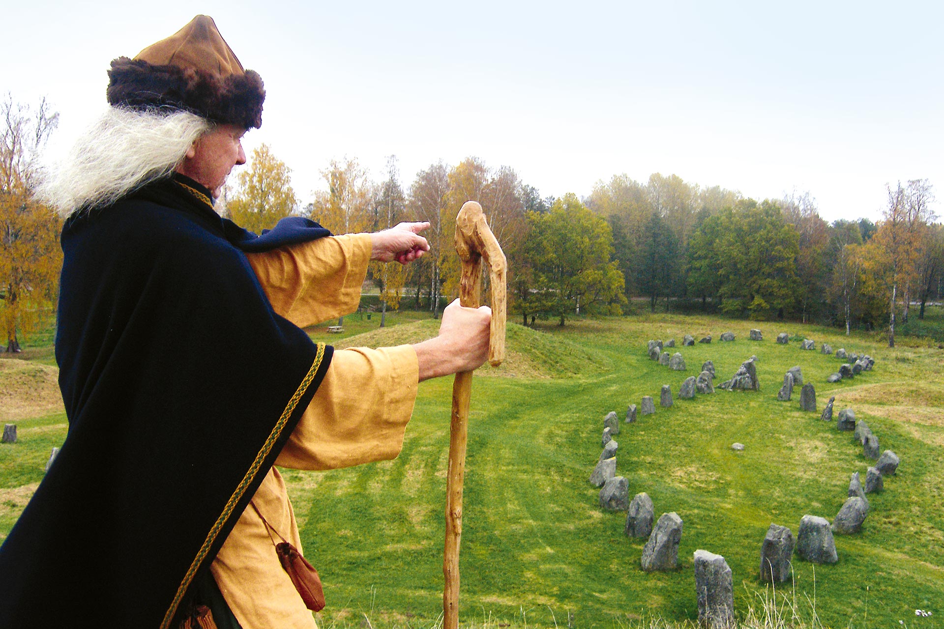En man i vikingakläder står och ser ut över Anundshög. Foto: Maisa Lappi