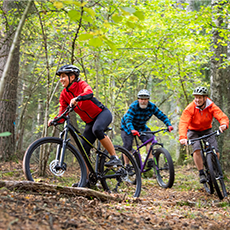 Tre personer som cyklar i mountainbike i skogen. Pressbild.
