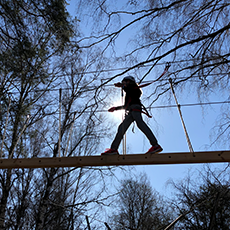 Person som går på en hängbro uppe i trädtopparna. pressbild.